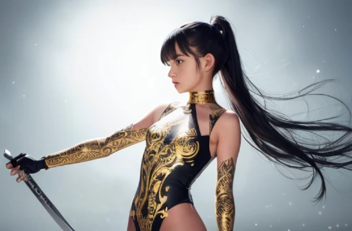 (((Girl fighting with one-handed sword))), Uplifting, (highest quality), (masterpiece) perfect style, ((A beautiful body that is partly mechanical)), (((Thin see-through bodysuit, Golden pattern))), Upper body, looking at the camera, long flowing black hair, ponytail, Long black hair dancing in the wind, beautiful detailed eyes, pale hue, Precise as a photo, A full moon in a starry sky, pale hue, monochrome, nsfw