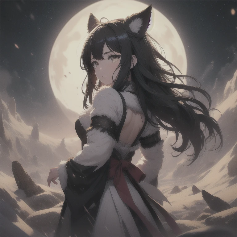 1 girl、Werewolf、black hair、Miko costume、golden eyes、look back、Fluffy tail