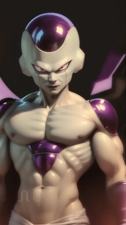 frieza in dragon ball,1boy,red eyes,male focus,solo,snake,pale skin,simple background,purple background,upper body,looking at vi...