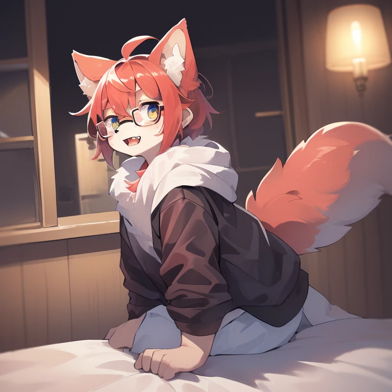 wear glasses,Red hair all over, male wolf,short hair, Bright Eyes,The eyes are gray，With black bow，white belly，The tip of the tail is white，Meatballs Pink,hairy,hairy male ,male focus,Hana Charcoal,(Full body fur, hairy尾巴, red fur,),long canine teeth，Fluffy all over