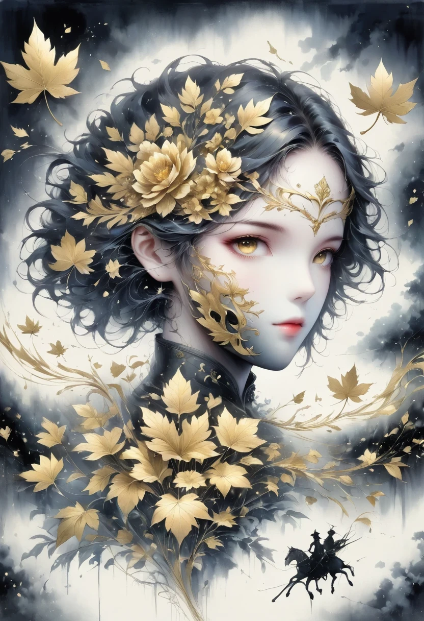 (gold leaf art:1.5)，(Metallic luster:1.45)，Minimalism，(line art:1.6)，sketch，Charcoal drawing，Gold Foil Mask，flower,Illustration in surreal art style，surreal dream，Dubrec style,(multiple exposure：1.8),Dreams of happiness，