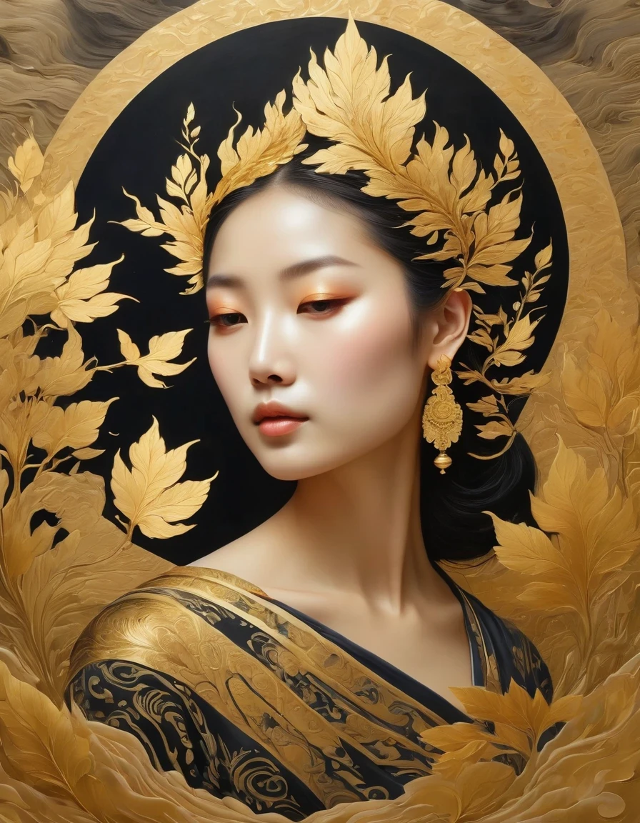 (gold leaf art:1.5)，A black and gold-rimmed giant hand fell from the sky, Dunhuang murals as background, minimalist, line art, From front and center to ghostly smoke, Transition from entity to ghost, Smart, powerful and calm, Rich in details, Psychedelic, fantastic, drama, Chinese ancient style, style, ink painting, fantasy, surreal, ethereal