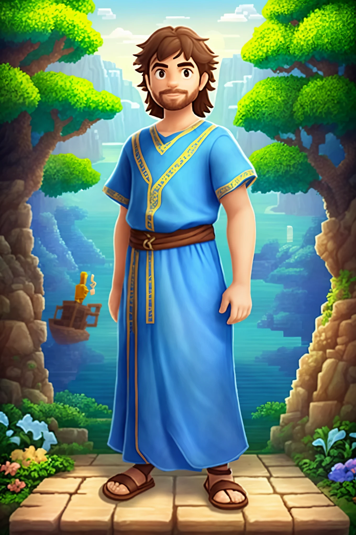 Create a biblical character based on the story of Jonah, in 3D pixel art style, wearing a simple tunic, designed for children aged 6 years old. Full body character, being called by God, with Middle Eastern origin --s2.

Jonas, the brave and obedient biblical character, comes to life in a vivid 3D pixel art form, dressed in a simple tunic. This child-friendly representation is ideal for children 6 years old, making it easier for them to connect with the timeless story of Jonah. With a robust and sturdy build, Jonas stands tall, eagerly listening for God's call. His origin rooted in the Middle Eastern