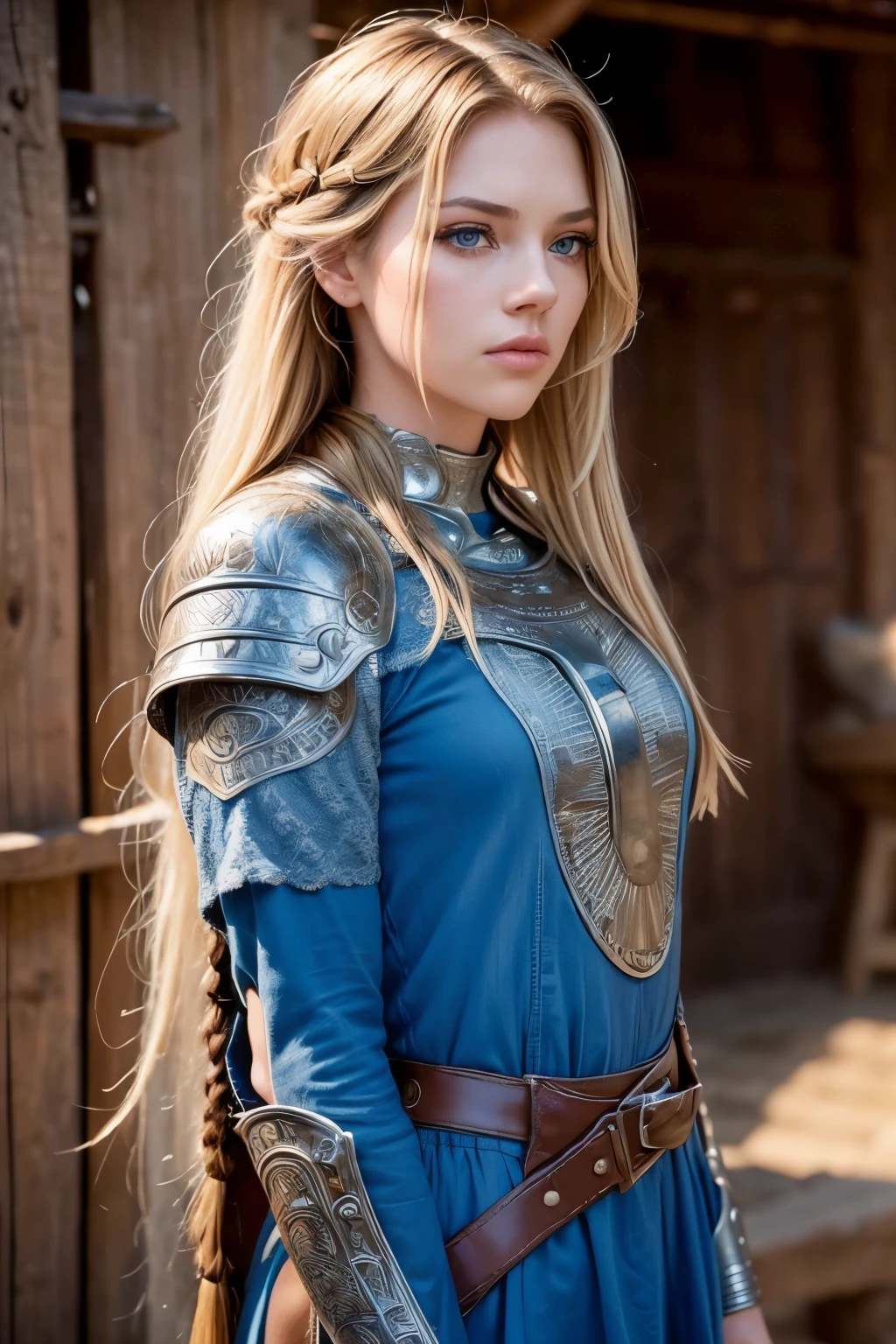 (full body photo, front view, standing)((face of AlexiaThompson01R)). beautiful. perfect, ((blonde hair, loose hair, messy and unkempt hair, hair falling over one eye, emo bangs)), (blue eyes. Vibrant blue eyes). perfect skin, white skin. thin nose, thin chin. ((medieval armor, female knight) (location: medieval town)(makeup, beautiful western woman, mascara, brush)