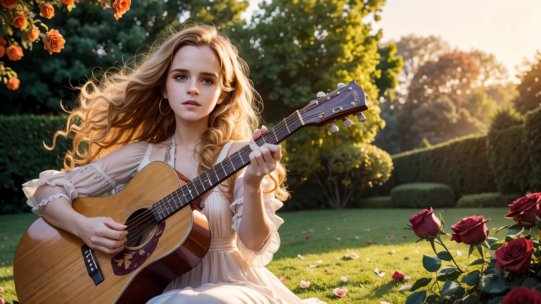 ((best quality)), ((masterpiece)),(detail), perfect face, full body shot of emma watson playing guitar in the middle of a blooming rose garden, rose petals flying across the sky, woman wearing a silk dress, woman woman with blonde and curly hair, beautiful long curly hair, with setting sun, romantic style, retro vintage and romanticism, blurred background image, sunset light, golden sunshine, roses, very lots of flying flower petals, rose petals stuck in hair, warm orange background color, subject takes up 1/3 of the frame, hyper-realistic photos, 8k, ultra high resolution, sharp faces