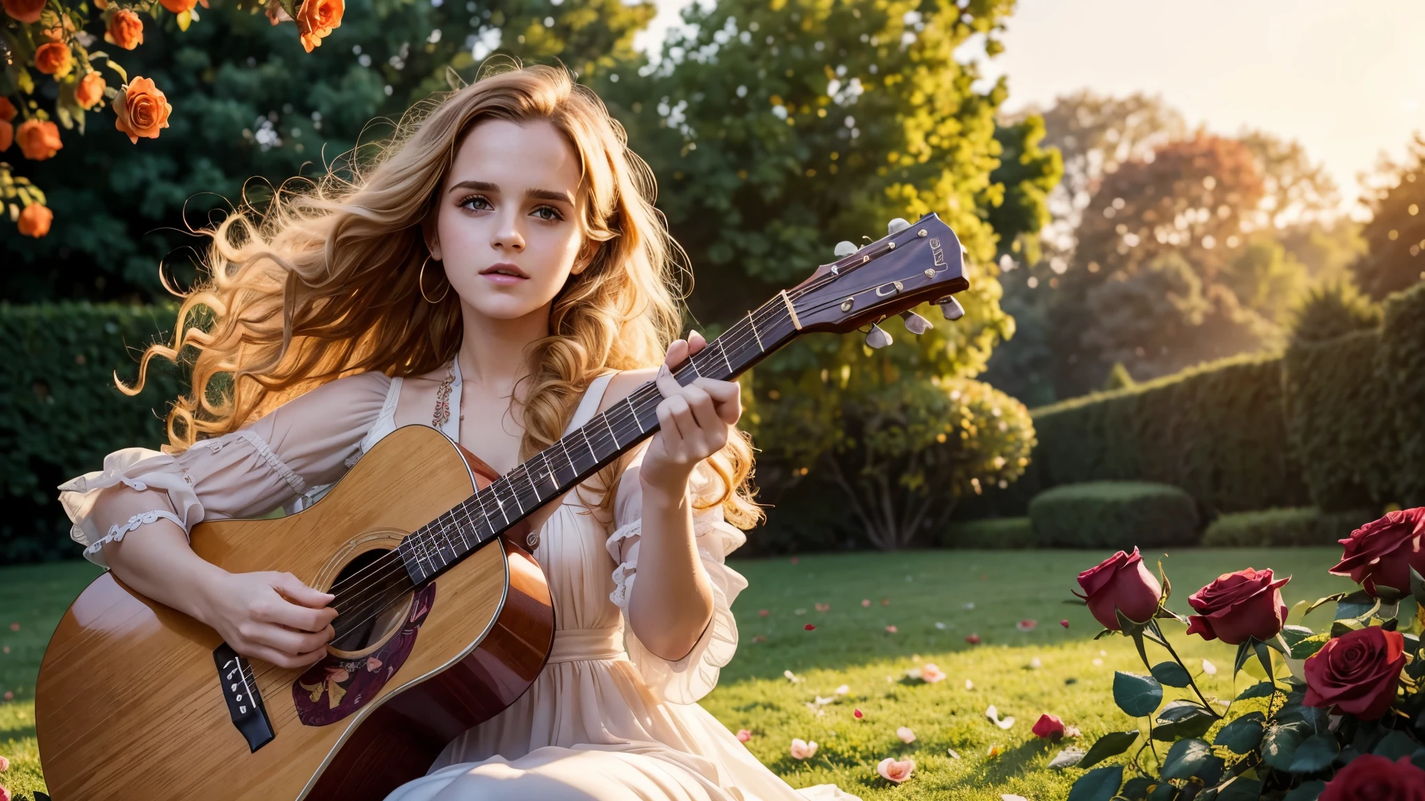 ((melhor qualidade)), ((obra de arte)),(detalhe), Rosto Perfeito, Foto de corpo inteiro de Emma Watson tocando violão no meio de um jardim de rosas florido, pétalas de rosa voando pelo céu, mulher usando um vestido de seda, mulher mulher com cabelo loiro e cacheado, Lindo cabelo longo e cacheado, com pôr do sol, estilo romântico, retrô vintage e romantismo, imagem de fundo desfocada, luz do pôr do sol, sol dourado, rosas, muitas pétalas de flores voadoras, pétalas de rosa presas no cabelo, cor de fundo laranja quente, assunto ocupa 1/3 do quadro, fotos hiper-realistas, 8K, resolução ultra-alta, Rostos afiados