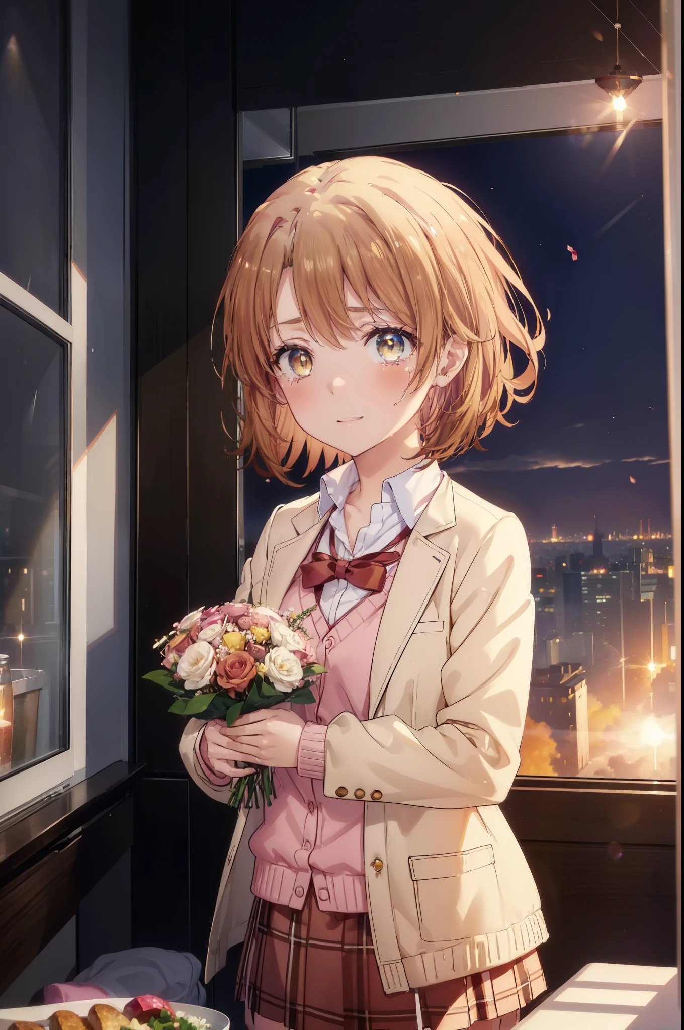 irohaisshiki, Isshiki Iroha, short hair, light brown hair, (Brown ruby eyes:1.5), smile,blush,Tears running down her face,Tears of joy、I cry a lot、break skirt, shirt, ribbon, , Jacket, white shirt, open clothes, socks, open Jacket, black Jacket, plaid, knee high, plaid skirt, blazer, cardigan, black socks, pink cardigan,holding a bouquet of flowers in both hands ,birthday,A birthday cake is on the table,confetti,evening,sunset,The sun is setting,
break indoors,School　classroom ,
break looking at viewer,Upper body,(cowboy shot:1. 3)
break (masterpiece:1.2), highest quality, High resolution, unity 8k wallpaper, (shape:0.8), (beautiful and detailed eyes:1.6), highly detailed face, perfect lighting, Very detailed CG, (perfect hands, perfect anatomy),