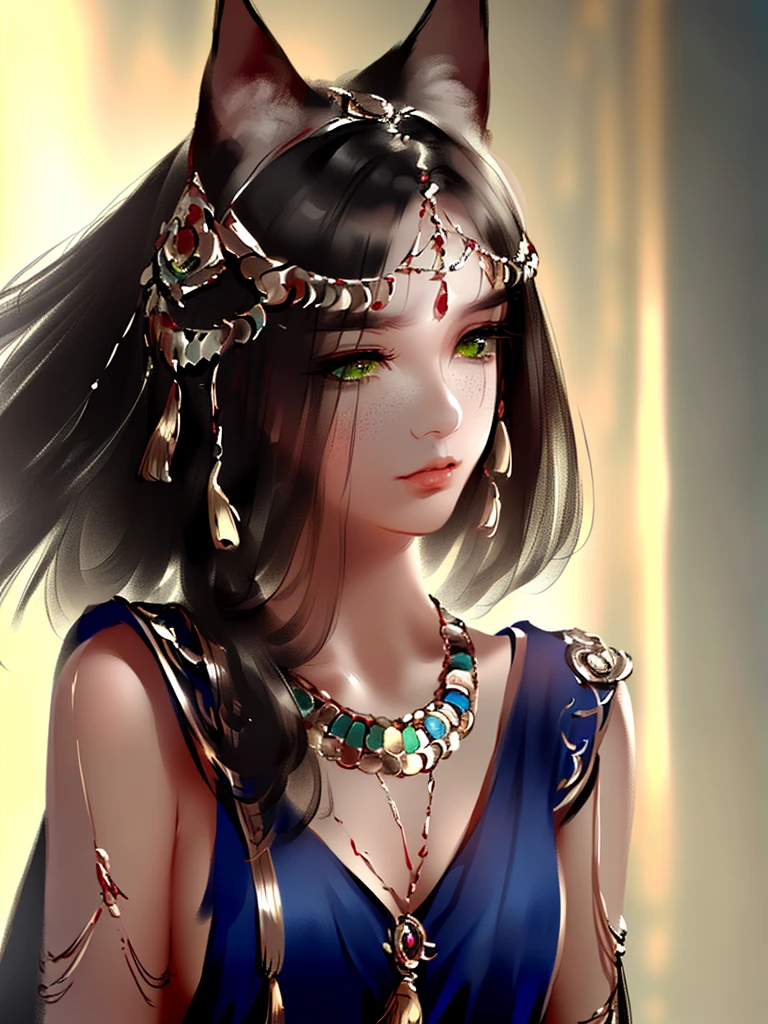 very good illustration, High detail, dynamic angle, beautiful detailing,2D, (Best quality, masterpiece, Beauty, tenderness), anime, Highly detailed face, very detailed eyes, very detailed background, perfect lighting, whole body, 1 girl, One, (Very detailed cat ears), (Very detailed ears behind the hair)? Goddess Bastet, Ancient Egypt \(Очень подробный Ancient Egyptian\), Very detailed clothes, green eyes, Finely detailed eyes, ears covered with hair, (Very detailed background), costs, full length girl