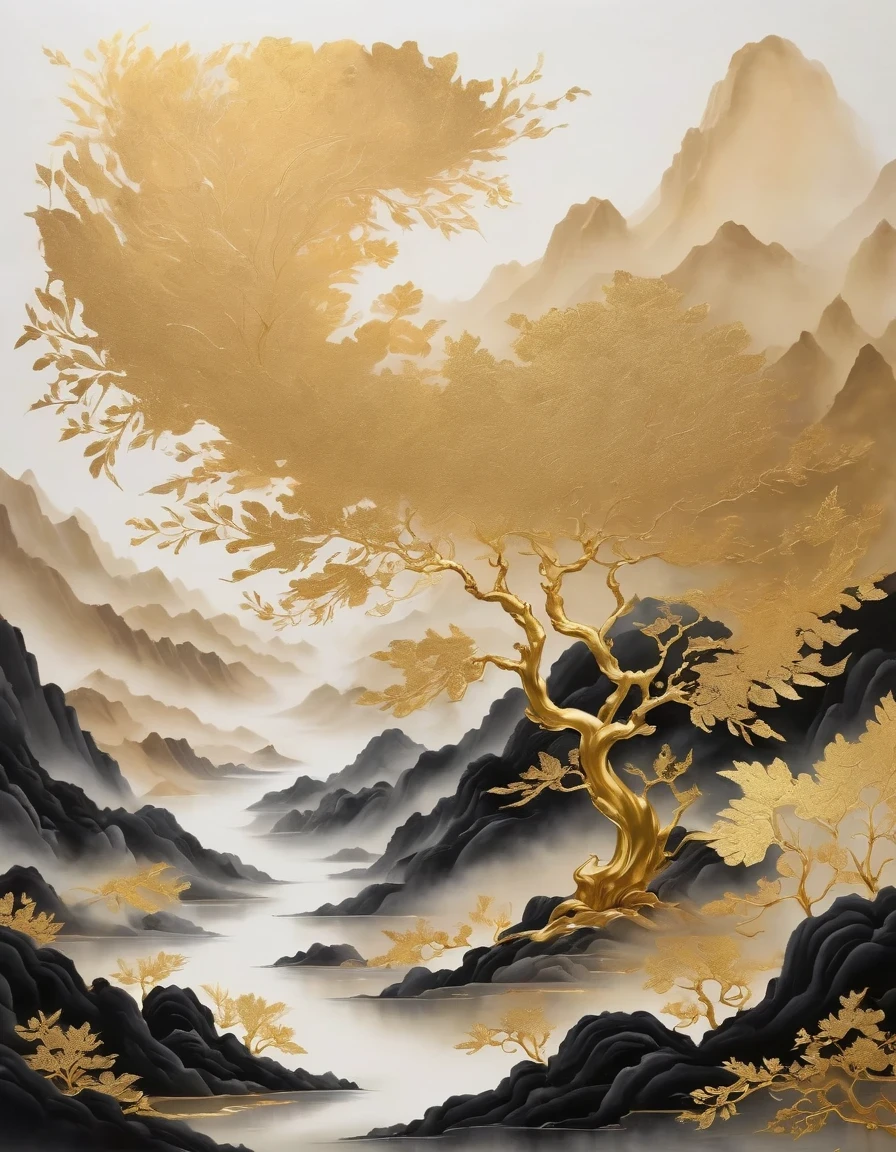 (gold leaf art:1.5)，A black and gold-rimmed giant hand fell from the sky, Dunhuang murals as background, minimalist, line art, From front and center to ghostly smoke, Transition from entity to ghost, Smart, powerful and calm, Rich in details, Psychedelic, fantastic, drama, Chinese ancient style, style, ink painting, fantasy, surreal, ethereal