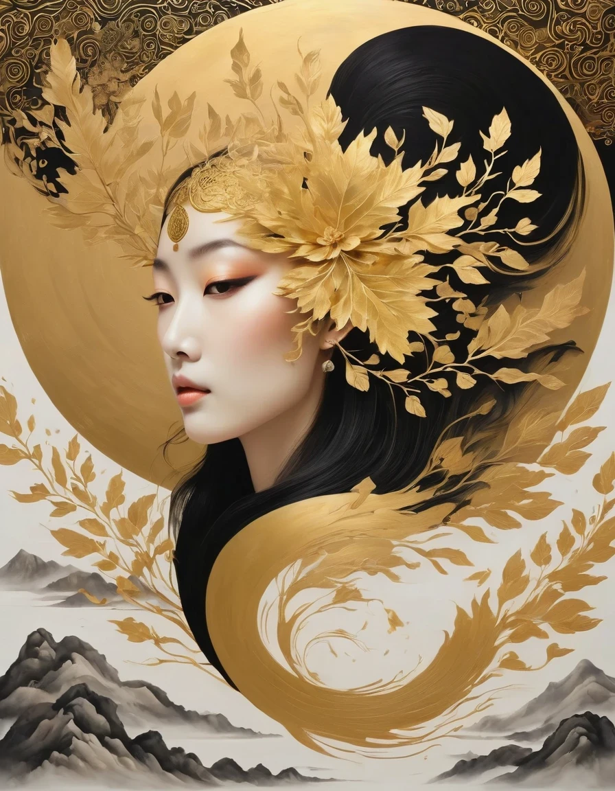 (gold leaf art:1.5)，A black and gold-rimmed giant hand fell from the sky, Dunhuang murals as background, minimalist, line art, From front and center to ghostly smoke, Transition from entity to ghost, Smart, powerful and calm, Rich in details, Psychedelic, fantastic, drama, Chinese ancient style, style, ink painting, fantasy, surreal, ethereal