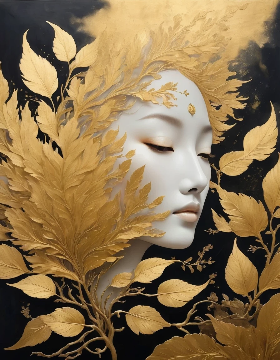 (gold leaf art:1.5)，A black and gold-rimmed giant hand fell from the sky, Dunhuang murals as background, minimalist, line art, From front and center to ghostly smoke, Transition from entity to ghost, Smart, powerful and calm, Rich in details, Psychedelic, fantastic, drama, Chinese ancient style, style, ink painting, fantasy, surreal, ethereal