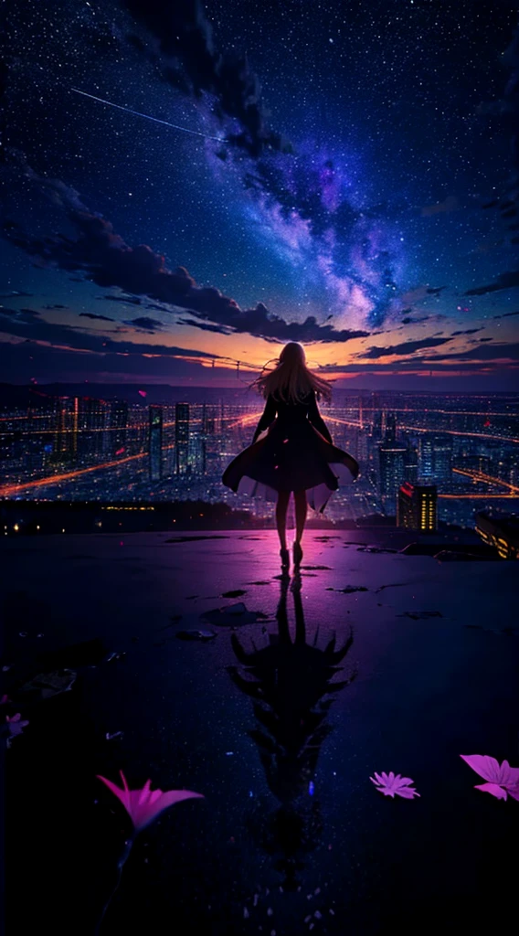 １people々々々々,Blonde long-haired woman，long coat， Dress Silhouette， Rear view，Space Sky, comet, anime style, dancing petals，Night view of the city from the mountainside，