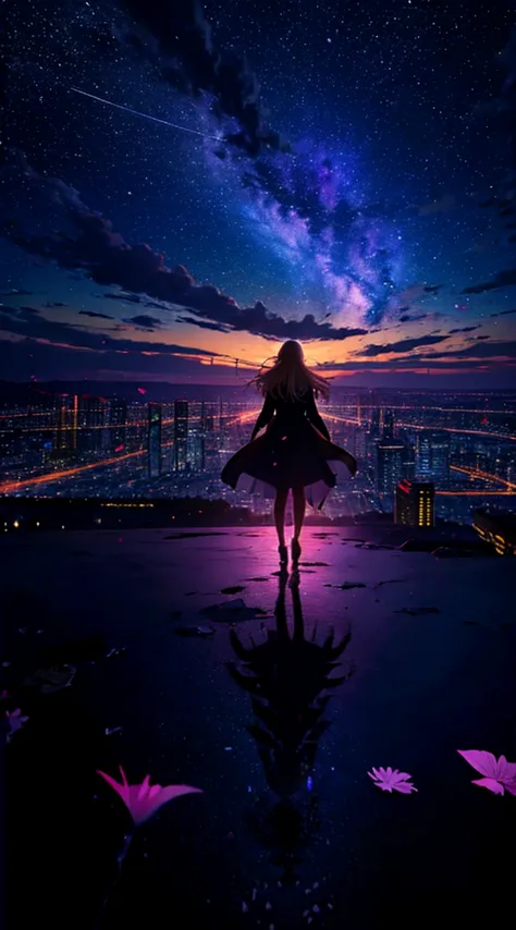 １people々々々々,blonde long-haired woman，long coat， dress silhouette， rear view，space sky, comet, anime style, dancing petals，night ...