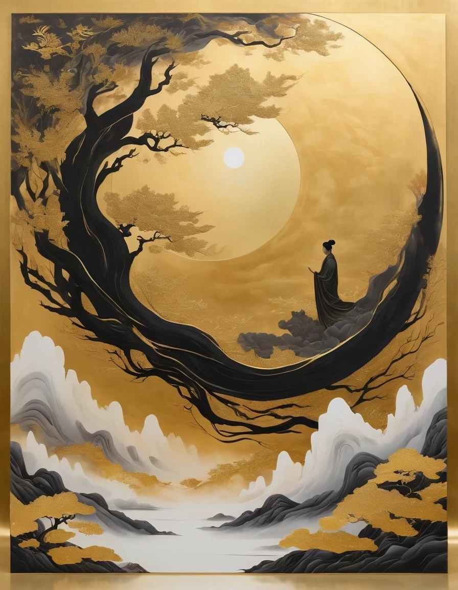 (gold leaf art:1.5)，A black and gold-rimmed giant hand fell from the sky, Dunhuang murals as background, minimalist, line art, From front and center to ghostly smoke, Transition from entity to ghost, Smart, powerful and calm, Rich in details, Psychedelic, fantastic, drama, Chinese ancient style, style, ink painting, fantasy, surreal, ethereal