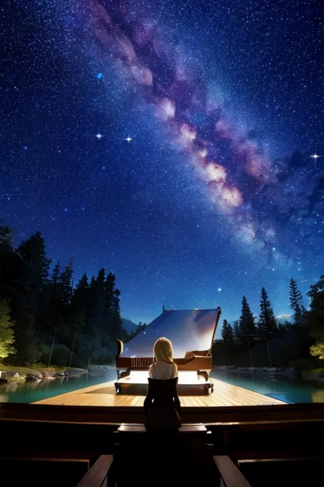 (((masterpiece)))、(((highest quality)))、((Super detailed))、blonde woman，silhouette，in the forest、(piano)、starry sky、milky way，Th...