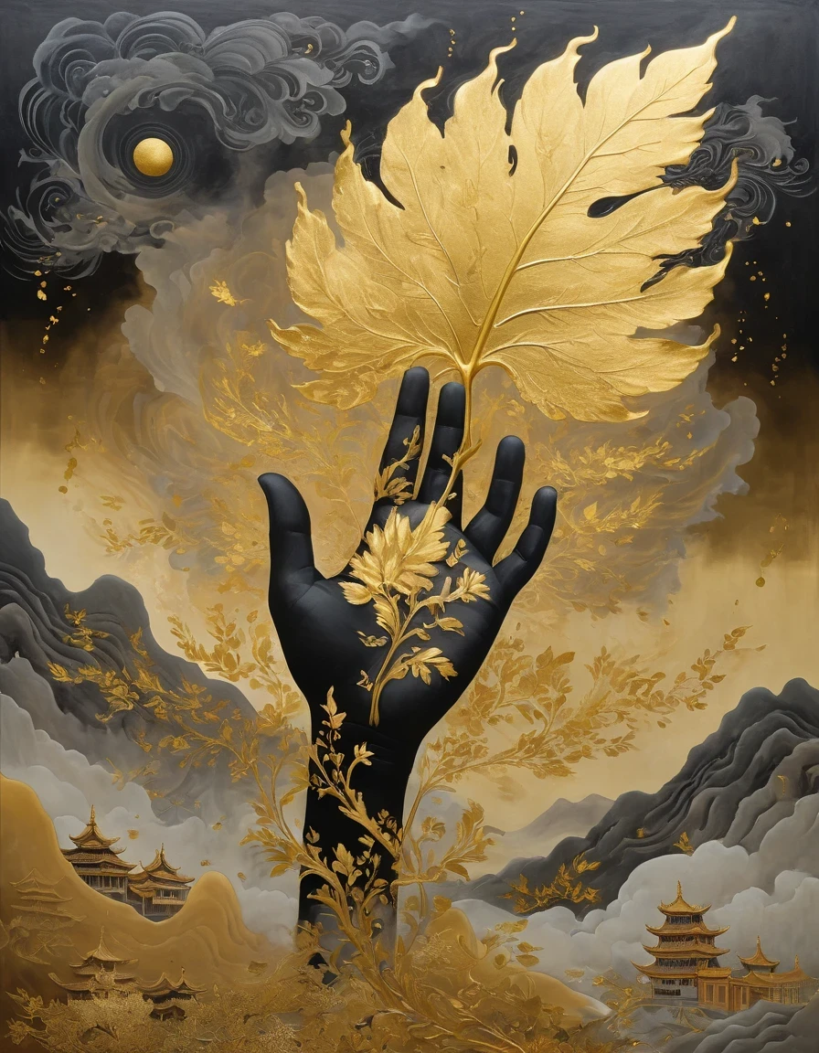(gold leaf art:1.5)，A black and gold-rimmed giant hand fell from the sky, Dunhuang murals as background, minimalist, line art, From front and center to ghostly smoke, Transition from entity to ghost, Smart, powerful and calm, Rich in details, Psychedelic, fantastic, drama, Chinese ancient style, style, ink painting, fantasy, surreal, ethereal