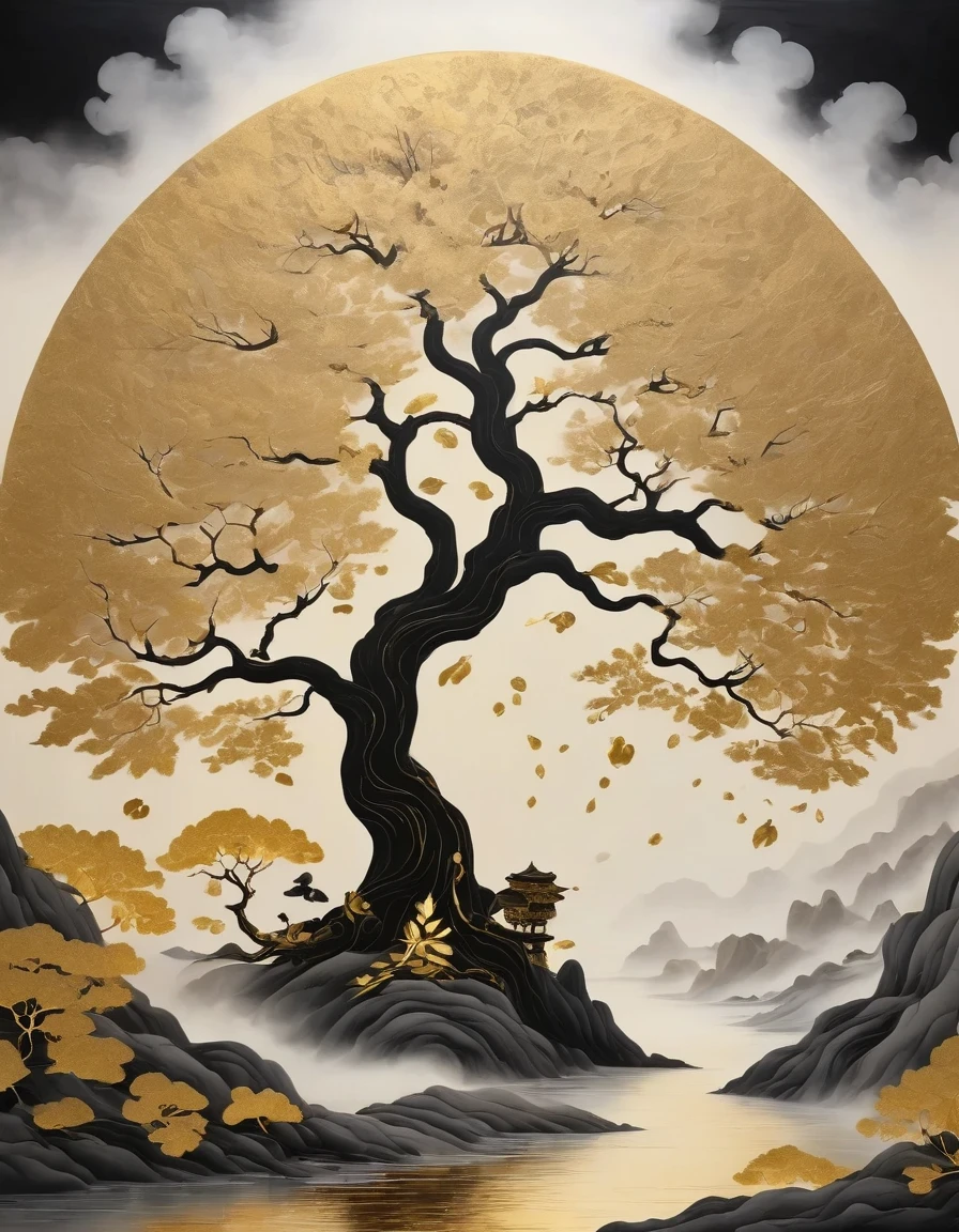 (Art de la feuille d&#39;or:1.5)，L&#39;arbre Bodhi cerclé d&#39;or noir tombe du ciel, Peintures murales de Dunhuang comme toile de fond, minimaliste, dessin au trait, de l&#39;avant et du centre à la fumée fantomatique, Transition d&#39;entité à fantôme, intelligent, puissant et calme, Riche en détails, Psychédélique, fantastique, Drame, Style chinois ancien, style, peinture à l&#39;encre, fantaisie, surréaliste, éthéré