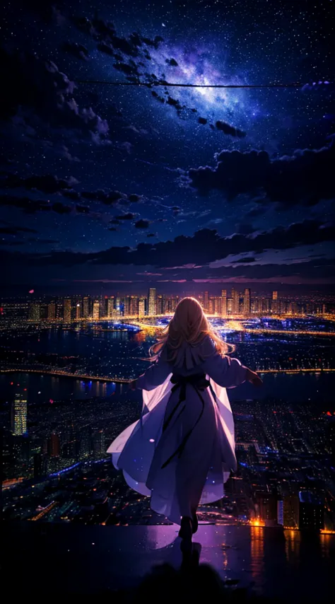 １people,Blonde long-haired woman，long coat， Dress Silhouette， Rear view，Space Sky, comet, anime style, dancing petals，Night view...