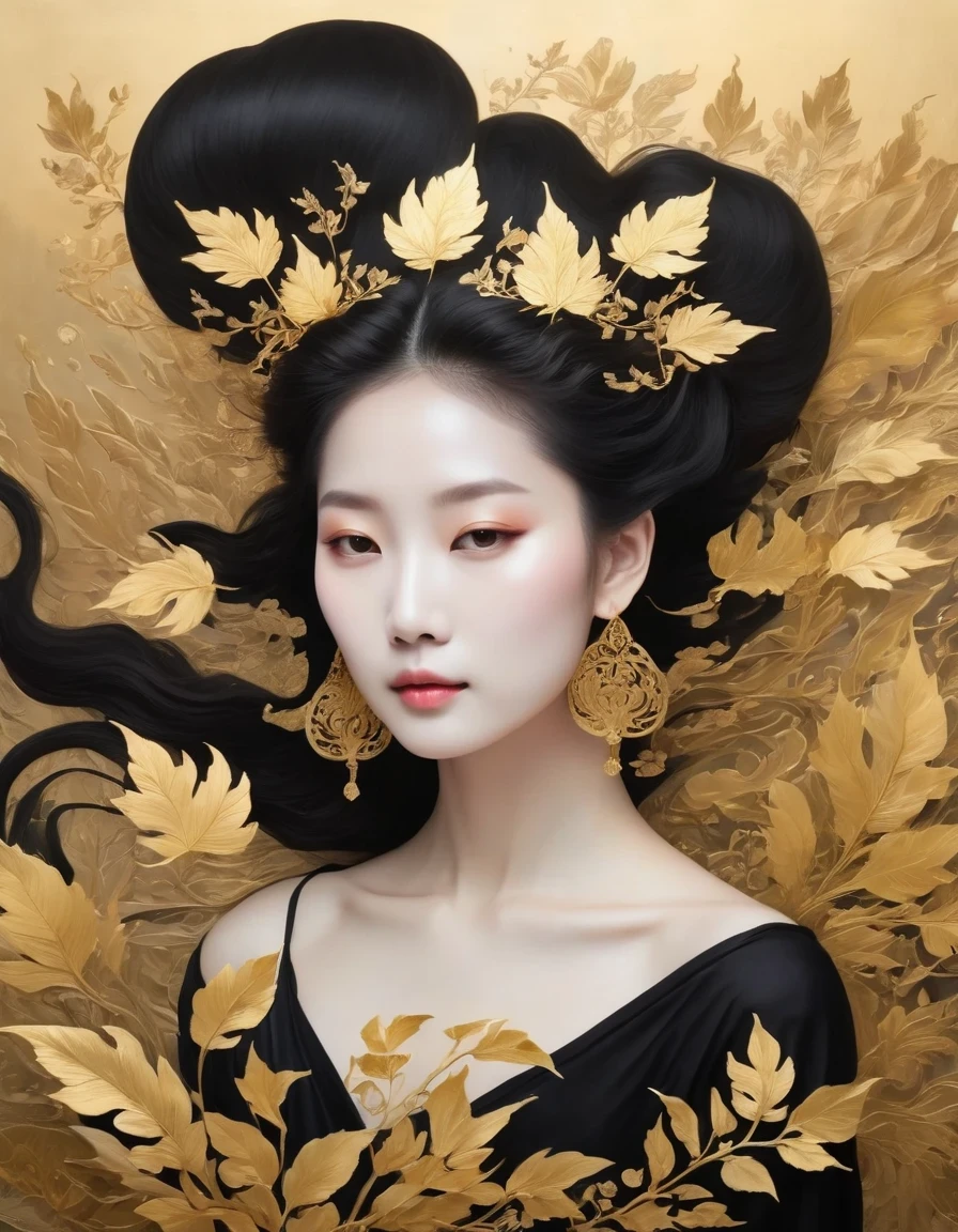 (gold leaf art:1.5)，A black and gold-rimmed giant hand fell from the sky, Dunhuang murals as background, minimalist, line art, From front and center to ghostly smoke, Transition from entity to ghost, Smart, powerful and calm, Rich in details, Psychedelic, fantastic, drama, Chinese ancient style, style, ink painting, fantasy, surreal, ethereal