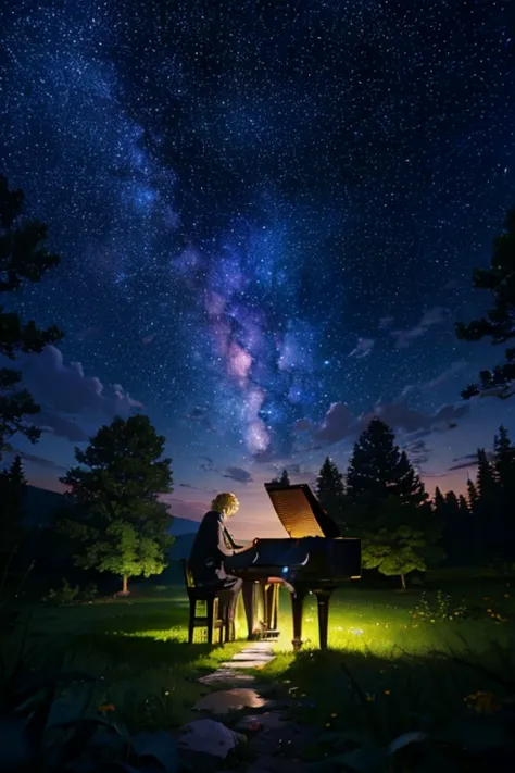 (((masterpiece)))、(((highest quality)))、((super detailed))、blonde woman，silhouette，in the forest、(piano)、starry sky、milky way，th...