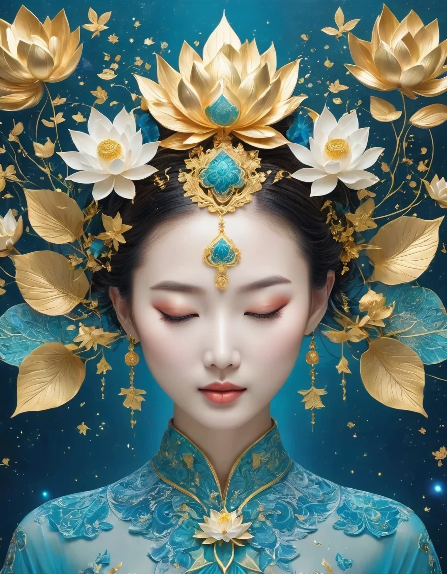 (gold leaf art:1.5)，Imagine a tranquil scene inspired by Buddhist philosophy，A vibrant lotus flower stands against a background of intense turquoise tones。The lotus symbolizes purity and enlightenment，Complex petals bloom，exudes a sense of tranquility。As you gaze deeper into the image，You will notice an arrangement similar to a mandala，The constellations are arranged elegantly。Fusion of Buddhist Symbolism and Astrological Elements，consistency，Induce contemplation and a timeless sense of connection。(The sculpture is surrealist and realist: 1.5), (Kaneko，Blue and white porcelain mask)， (metal wings: 1.2), (futuristic mask: 1.2), (Internet pop kawaii fractal art: 1.6), (Tobias Gramler (Tobias Gramler) Art style，smooth shapes: 1.6), (Organic geometric mixture: 1.6),ultra high resolution: 1.4),(particle effect: 1.4), (depth of field: 1.4), (geometric point abstraction: 1.6), (generative fluid fractal algorithm: 1.6).