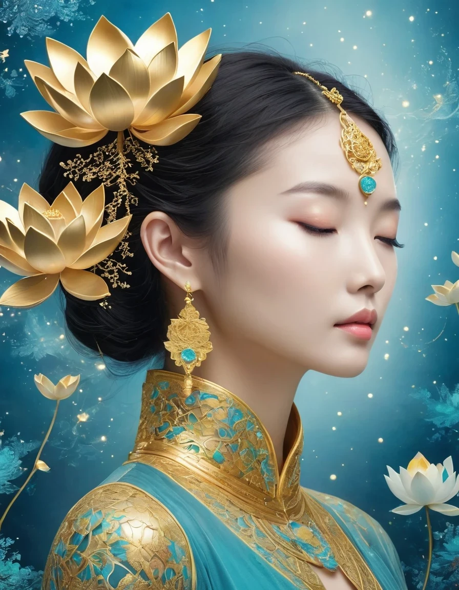 (Art de la feuille d&#39;or:1.5)，Imaginez une scène tranquille inspirée de la philosophie bouddhiste，Une fleur de lotus vibrante se dresse sur un fond de tons turquoise intenses。Le lotus symbolise la pureté et l&#39;illumination，Des pétales complexes fleurissent，dégage un sentiment de tranquillité。Tandis que vous regardez plus profondément l&#39;image，Vous remarquerez un arrangement semblable à un mandala，Les constellations sont disposées avec élégance。Fusion du symbolisme bouddhiste et des éléments astrologiques，cohérence，Induire la contemplation et un sentiment de connexion intemporel。(La sculpture est surréaliste et réaliste: 1.5), (de Kane，Masque en porcelaine bleu et blanc)， (ailes en métal: 1.2), (masque futuriste: 1.2), (Art fractal kawaii pop Internet: 1.6), (Tobias Gramler (Tobias Gramler) Style artistique，formes lisses: 1.6), (Mélange géométrique organique: 1.6),ultra haute résolution: 1.4),(effet de particules: 1.4), (profondeur de champ: 1.4), (abstraction de points géométriques: 1.6), (algorithme fractal fluide génératif: 1.6).