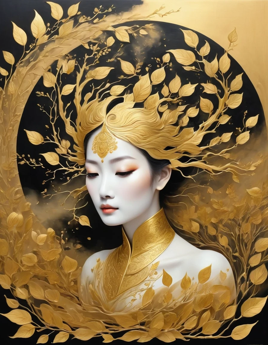 (arte de la hoja de oro:1.5)，El árbol Bodhi con borde de oro negro cae del cielo, Murales de Dunhuang como fondo, minimalista, arte lineal, Del frente y al centro al humo fantasmal, Transición de entidad a fantasma, elegante, poderoso y tranquilo, rico en detalles, psicodélico, fantástico, drama, Chinese ancient Estilo, Estilo, Pintura en tinta, fantasía, surreal, etéreo