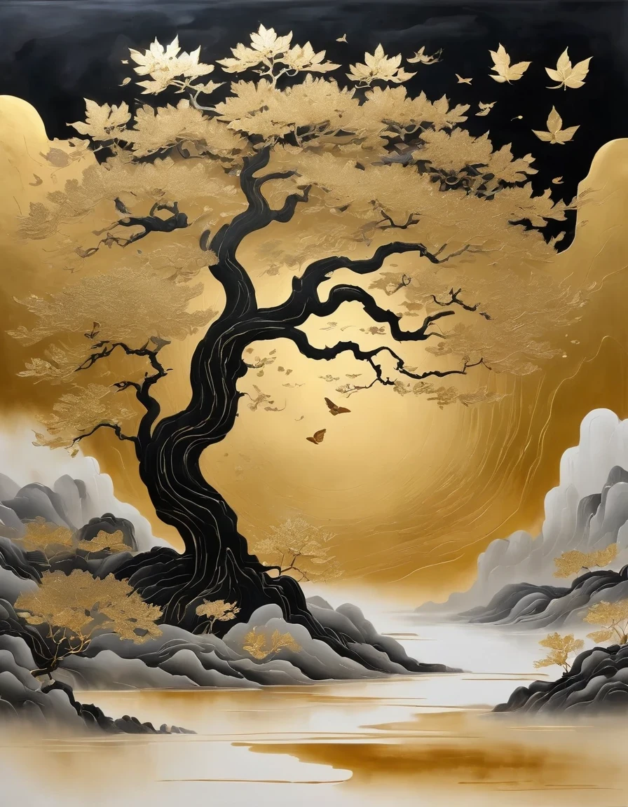 (gold leaf art:1.5)，Black gold-rimmed Bodhi tree falls from the sky, Dunhuang murals as background, minimalist, line art, From front and center to ghostly smoke, Transition from entity to ghost, Smart, powerful and calm, Rich in details, Psychedelic, fantastic, drama, Chinese ancient style, style, ink painting, fantasy, surreal, ethereal