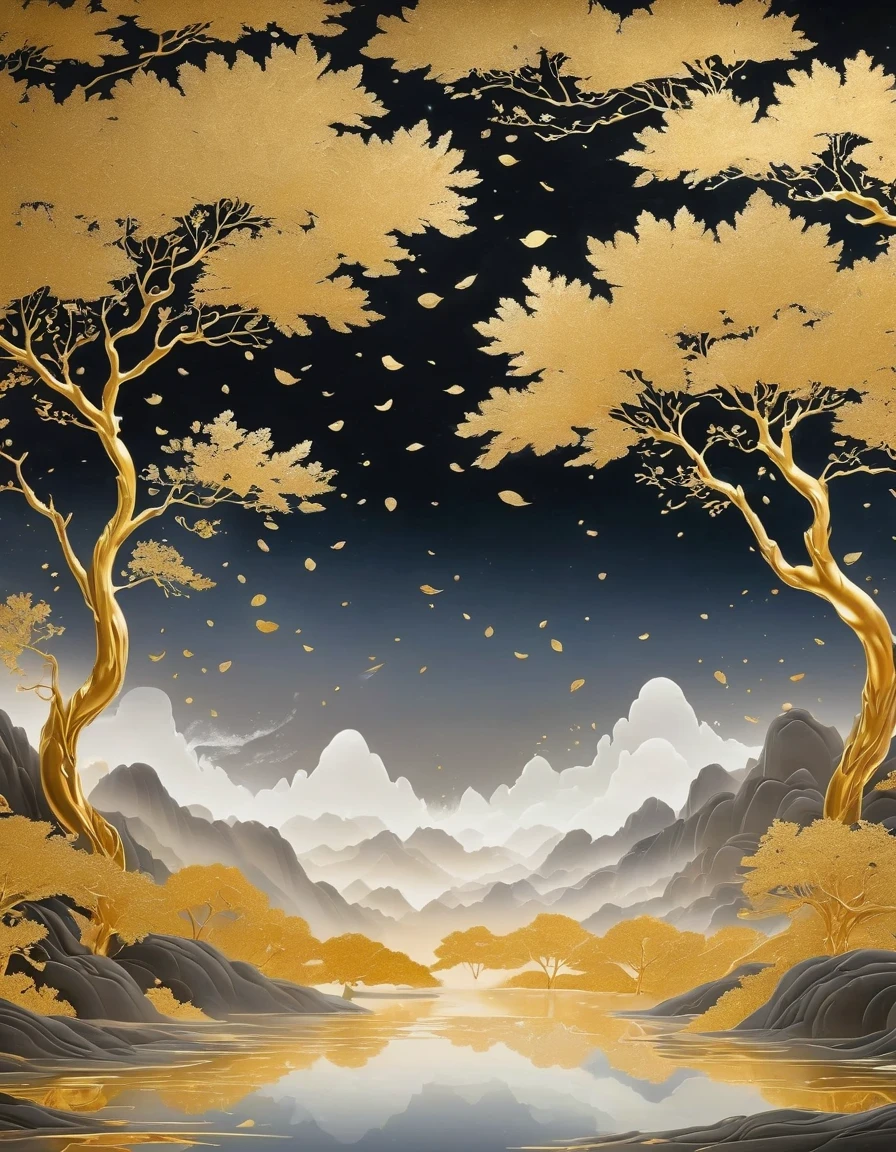 (gold leaf art:1.5)，Black gold-rimmed Bodhi tree falls from the sky, Dunhuang murals as background, minimalist, line art, From front and center to ghostly smoke, Transition from entity to ghost, Smart, powerful and calm, Rich in details, Psychedelic, fantastic, drama, Chinese ancient style, style, ink painting, fantasy, surreal, ethereal