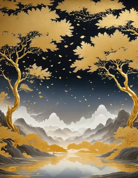 (gold leaf art:1.5)，Black gold-rimmed Bodhi tree falls from the sky, Dunhuang murals as background, minimalist, line art, From f...