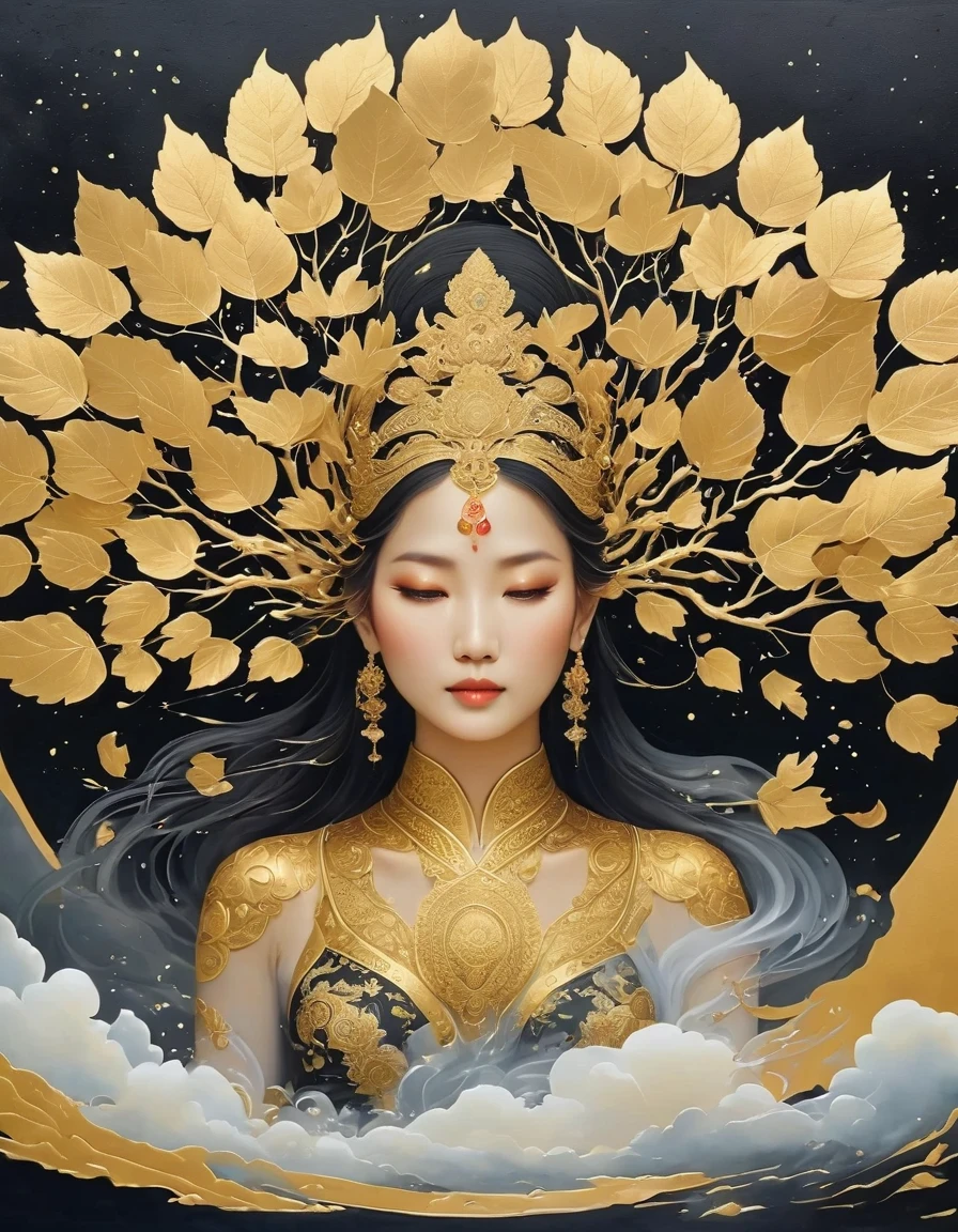 (gold leaf art:1.5)，Black gold-rimmed Bodhi tree falls from the sky, Dunhuang murals as background, minimalist, line art, From front and center to ghostly smoke, Transition from entity to ghost, Smart, powerful and calm, Rich in details, Psychedelic, fantastic, drama, Chinese ancient style, style, ink painting, fantasy, surreal, ethereal