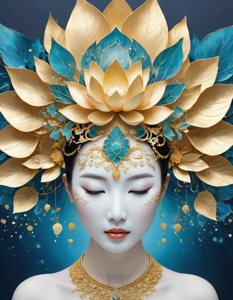 (gold leaf art:1.5)，Imagine a tranquil scene inspired by Buddhist philosophy，A vibrant lotus flower stands against a background of intense turquoise tones。The lotus symbolizes purity and enlightenment，Complex petals bloom，exudes a sense of tranquility。As you gaze deeper into the image，You will notice an arrangement similar to a mandala，The constellations are arranged elegantly。Fusion of Buddhist Symbolism and Astrological Elements，consistency，Induce contemplation and a timeless sense of connection。(The sculpture is surrealist and realist: 1.5), (Kaneko，Blue and white porcelain mask)， (metal wings: 1.2), (futuristic mask: 1.2), (Internet pop kawaii fractal art: 1.6), (Tobias Gramler (Tobias Gramler) Art style，smooth shapes: 1.6), (Organic geometric mixture: 1.6),ultra high resolution: 1.4),(particle effect: 1.4), (depth of field: 1.4), (geometric point abstraction: 1.6), (generative fluid fractal algorithm: 1.6).