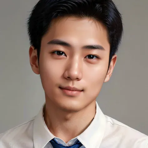 young japanese man wearing white shirt and dark blue tie smiling.the corners of the mouth are elongated and slightly raised.teet...