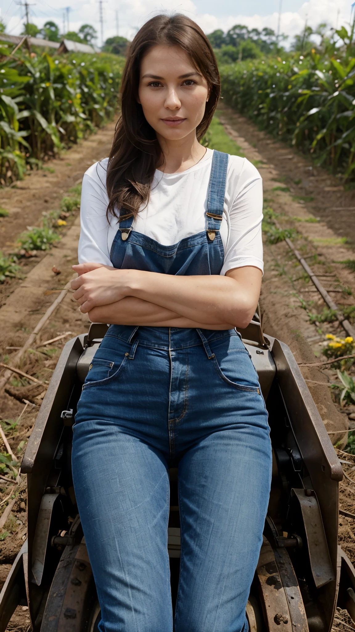 perfect image, maximum details, thin, tall model, long dark brown hair, dressed in denim overalls, sitting on a tractor in the middle of a corn plantation.  Outdoor