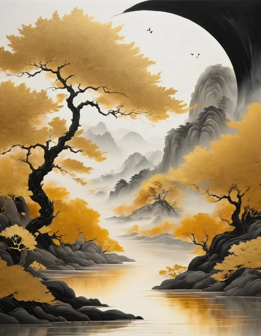 (gold leaf art:1.5)，Black gold-rimmed Bodhi tree falls from the sky, Dunhuang murals as background, minimalist, line art, From front and center to ghostly smoke, Transition from entity to ghost, Smart, powerful and calm, Rich in details, Psychedelic, fantastic, drama, Chinese ancient style, style, ink painting, fantasy, surreal, ethereal