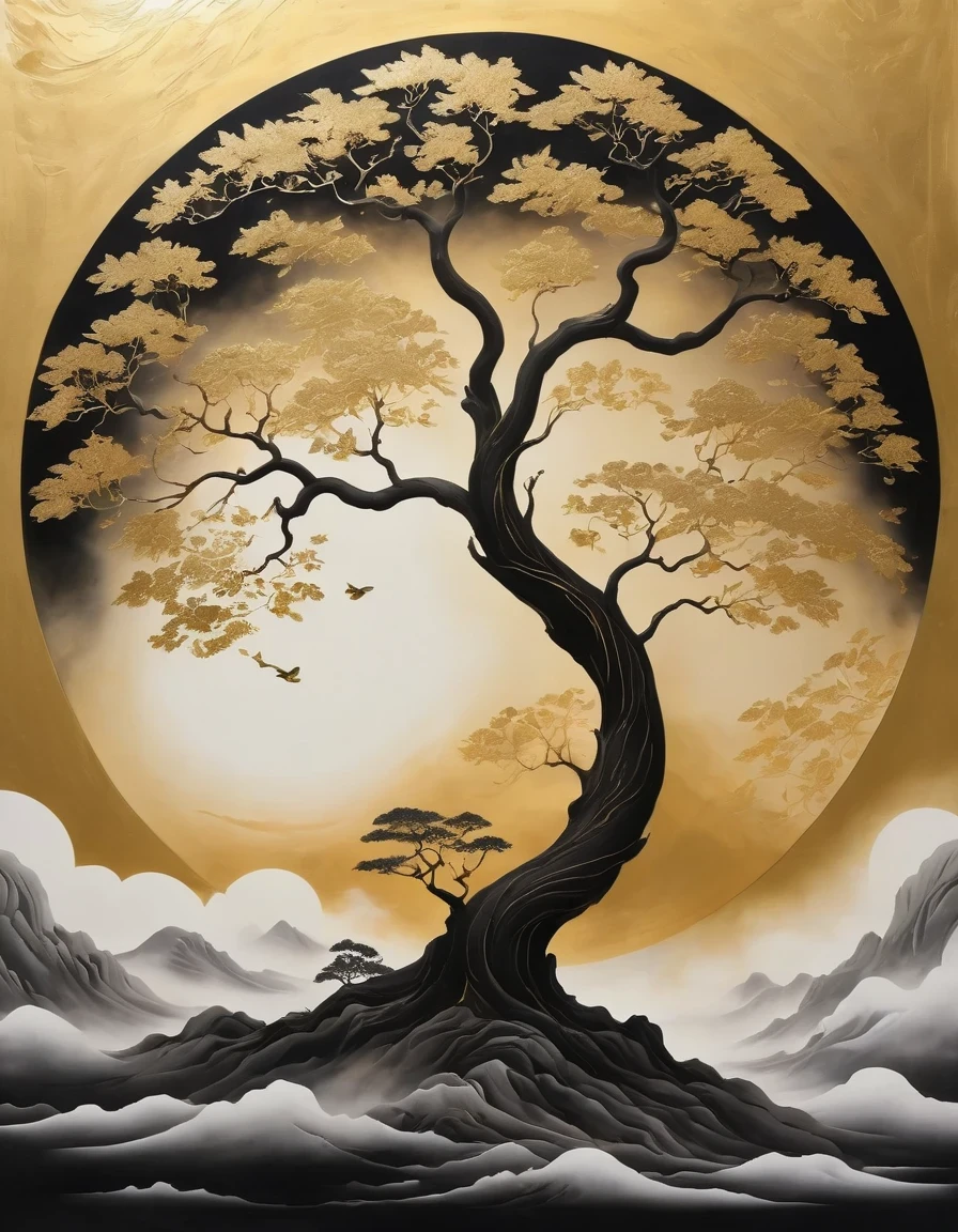 (gold leaf art:1.5)，Black gold-rimmed Bodhi tree falls from the sky, Dunhuang murals as background, minimalist, line art, From front and center to ghostly smoke, Transition from entity to ghost, Smart, powerful and calm, Rich in details, Psychedelic, fantastic, drama, Chinese ancient style, style, ink painting, fantasy, surreal, ethereal