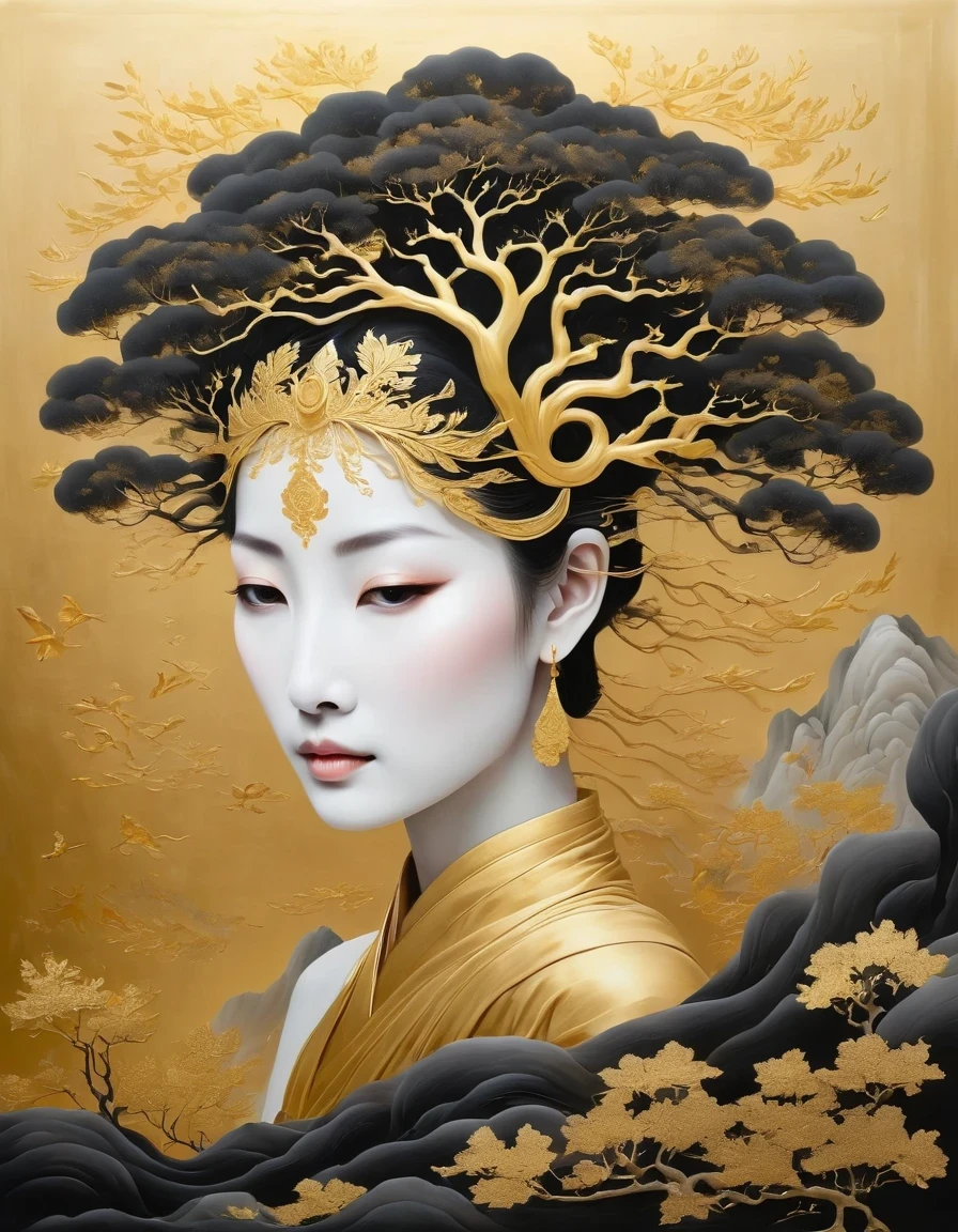 (gold leaf art:1.5)，Black gold-rimmed Bodhi tree falls from the sky, Dunhuang murals as background, minimalist, line art, From front and center to ghostly smoke, Transition from entity to ghost, Smart, powerful and calm, Rich in details, Psychedelic, fantastic, drama, Chinese ancient style, style, ink painting, fantasy, surreal, ethereal