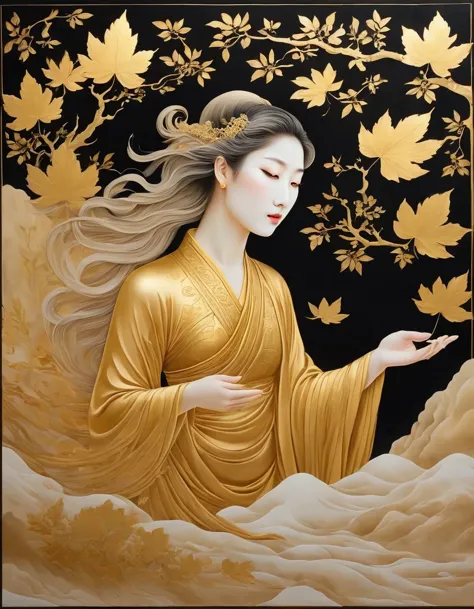 (gold leaf art:1.5)，A black and gold-rimmed giant hand fell from the sky, Dunhuang murals as background, minimalist, line art, F...