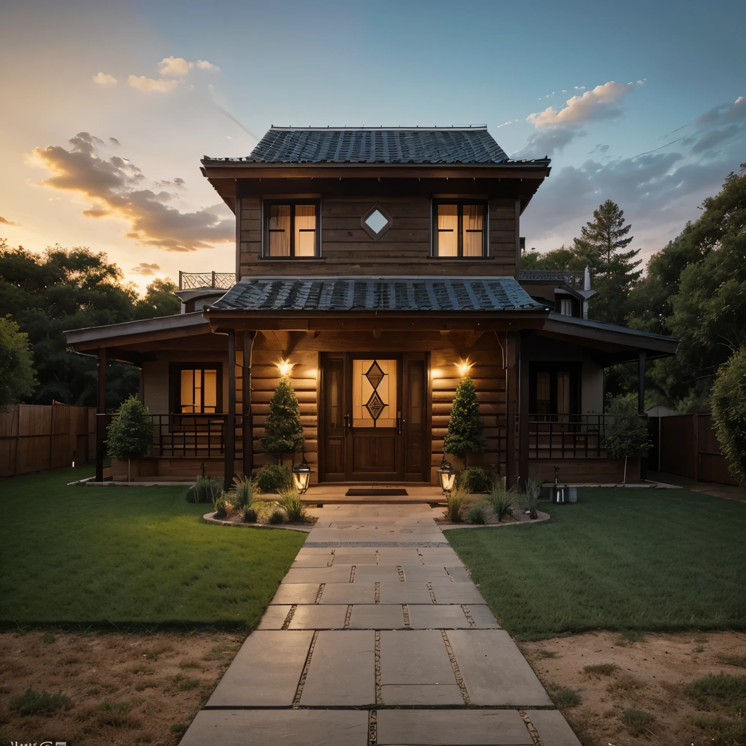 Country house fenced with the combination of wooden bars and black cyclone mesh,add an entrance to the center with a wooden gate that says “Oropeza”, and in the background but centered a square brick house with two windows that has a flower box on the front right and left side as decoration, and a stone path from the gate to the house,but also adds a garden with green grass and some pines and trees that are growing, At the entrance of the house add warm lighting with two small lamps on each side of the door, y este ambientado en un atardecer, and on the right side of the cabin is a pool at ground level. 