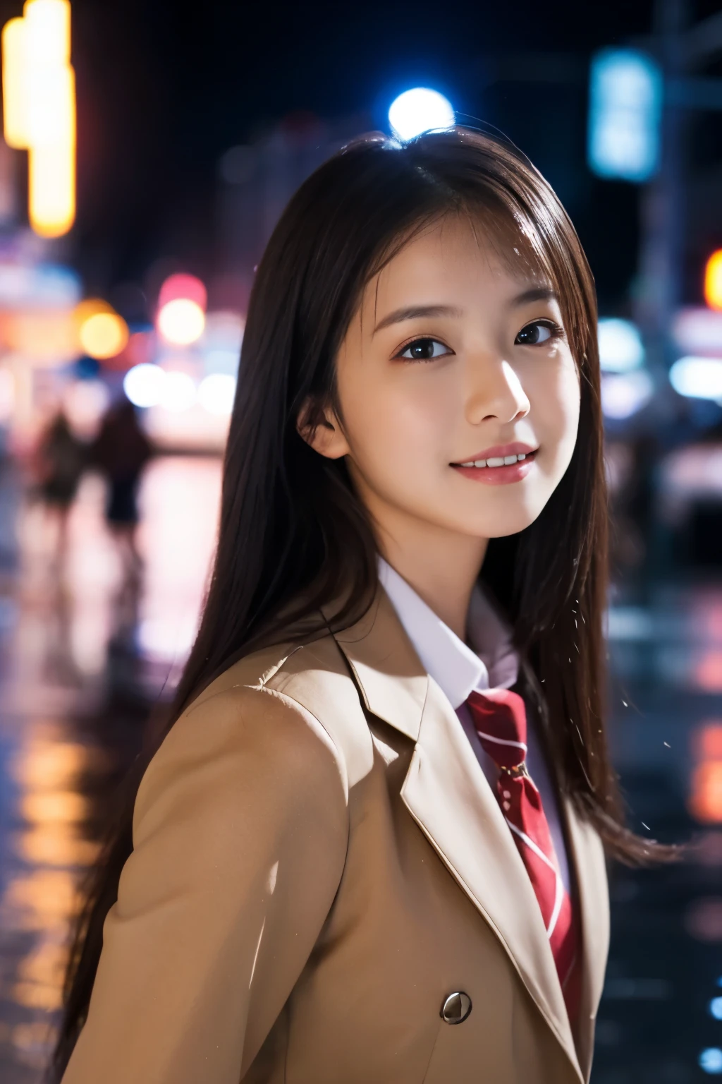 
((table top:1.4, highest quality)), (realistic pictures:1.4), 
((1 girl)), (beautiful actress), (dream-like),
(超High resolution:1.2), very delicate and beautiful, wonderful, Highly detailed CG Unity 8K wallpaper, Super detailed, High resolution, 
soft light, beautiful detailed girl, highly detailed eyes and face, beautifully detailed nose, beautiful and detailed eyes, 
(high school girl uniform:1.3),
cinematic lighting, perfect anatomy, slender body, 
(City lights at night after the rain:1.3), 
cowboy shot, looking at the viewer, archaic smile