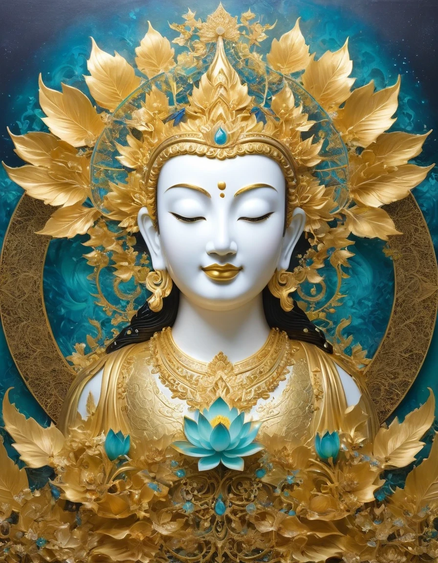 (gold leaf art:1.5)，Imagine a tranquil scene inspired by Buddhist philosophy，A vibrant lotus flower stands against a background of intense turquoise tones。The lotus symbolizes purity and enlightenment，Complex petals bloom，exudes a sense of tranquility。As you gaze deeper into the image，You will notice an arrangement similar to a mandala，The constellations are arranged elegantly。Fusion of Buddhist Symbolism and Astrological Elements，consistency，Induce contemplation and a timeless sense of connection。(The sculpture is surrealist and realist: 1.5), (Kaneko，Blue and white porcelain mask)， (metal wings: 1.2), (futuristic mask: 1.2), (Internet pop kawaii fractal art: 1.6), (Tobias Gramler (Tobias Gramler) Art style，smooth shapes: 1.6), (Organic geometric mixture: 1.6),ultra high resolution: 1.4),(particle effect: 1.4), (depth of field: 1.4), (geometric point abstraction: 1.6), (generative fluid fractal algorithm: 1.6).