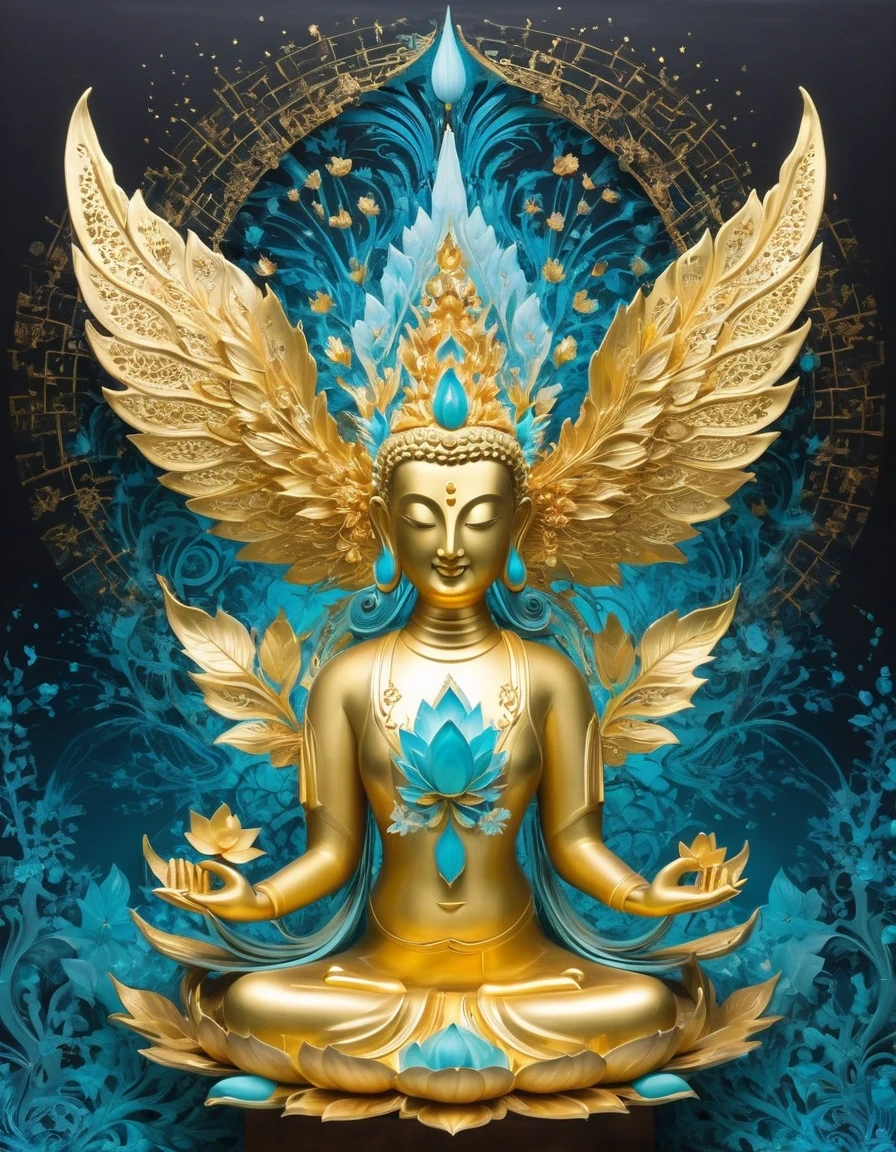 (gold leaf art:1.5)，Imagine a tranquil scene inspired by Buddhist philosophy，A vibrant lotus flower stands against a background of intense turquoise tones。The lotus symbolizes purity and enlightenment，Complex petals bloom，exudes a sense of tranquility。As you gaze deeper into the image，You will notice an arrangement similar to a mandala，The constellations are arranged elegantly。Fusion of Buddhist Symbolism and Astrological Elements，consistency，Induce contemplation and a timeless sense of connection。(The sculpture is surrealist and realist: 1.5), (Kaneko，Blue and white porcelain mask)， (metal wings: 1.2), (futuristic mask: 1.2), (Internet pop kawaii fractal art: 1.6), (Tobias Gramler (Tobias Gramler) Art style，smooth shapes: 1.6), (Organic geometric mixture: 1.6),ultra high resolution: 1.4),(particle effect: 1.4), (depth of field: 1.4), (geometric point abstraction: 1.6), (generative fluid fractal algorithm: 1.6).