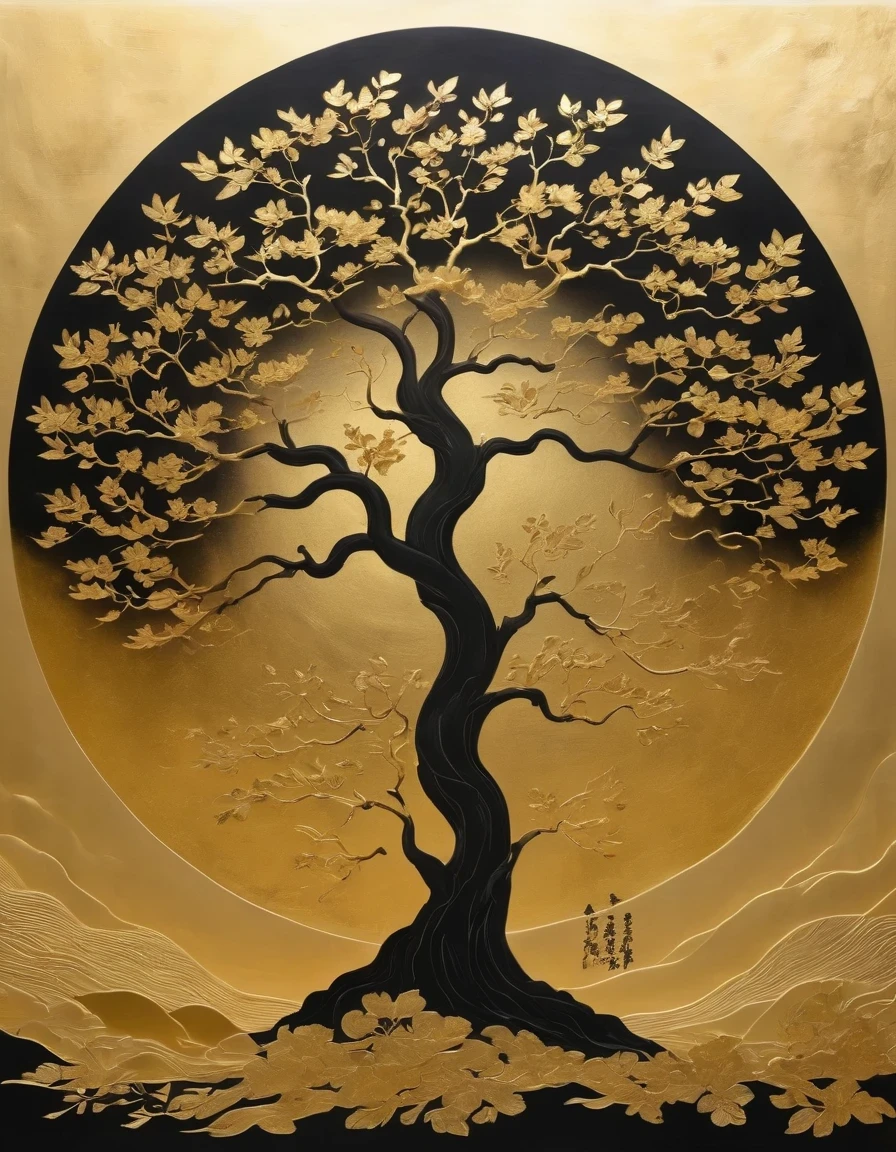 (gold leaf art:1.5)，Black gold-rimmed Bodhi tree falls from the sky, Dunhuang murals as background, minimalist, line art, From front and center to ghostly smoke, Transition from entity to ghost, Smart, powerful and calm, Rich in details, Psychedelic, fantastic, drama, Chinese ancient style, style, ink painting, fantasy, surreal, ethereal