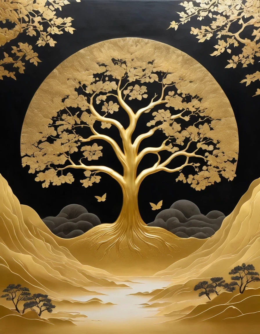 (gold leaf art:1.5)，Black gold-rimmed Bodhi tree falls from the sky, Dunhuang murals as background, minimalist, line art, From front and center to ghostly smoke, Transition from entity to ghost, Smart, powerful and calm, Rich in details, Psychedelic, fantastic, drama, Chinese ancient style, style, ink painting, fantasy, surreal, ethereal