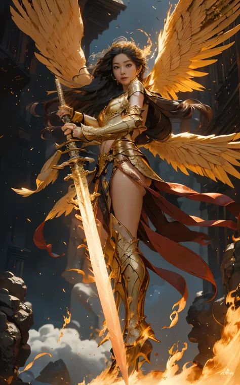 Angel,Super powerful flame Angel flies out of the clouds, behind him，Golden meteor magic surrounds his body, beauty，asian women,...