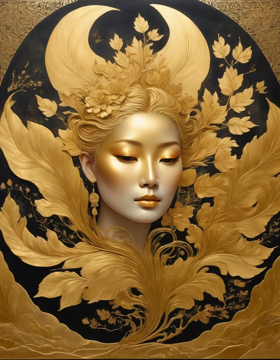 (gold leaf art:1.5)，A black and gold-rimmed giant hand fell from the sky, Dunhuang murals as background, minimalist, line art, From front and center to ghostly smoke, Transition from entity to ghost, Smart, powerful and calm, Rich in details, Psychedelic, fantastic, drama, Chinese ancient style, style, ink painting, fantasy, surreal, ethereal