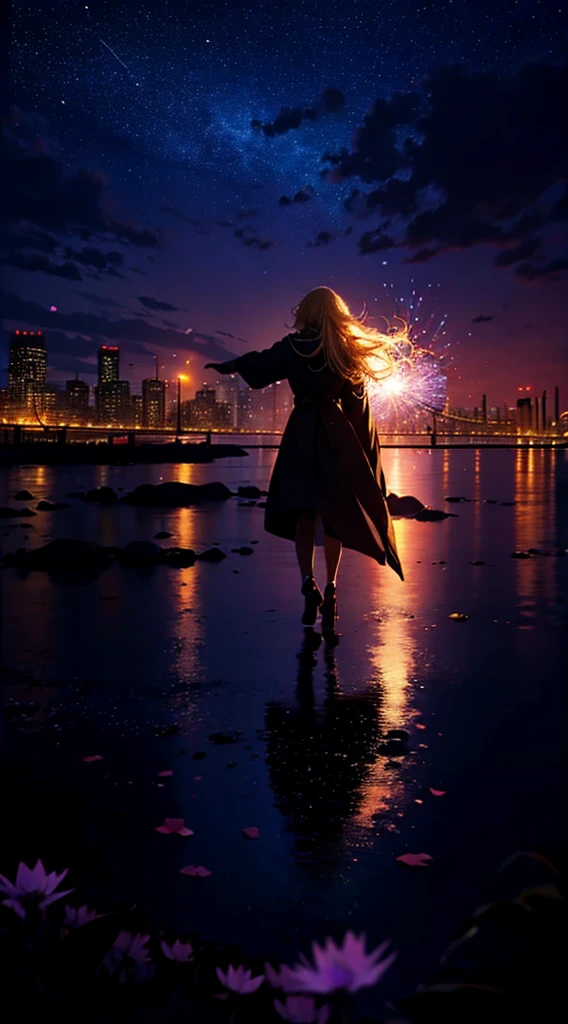 １Menschen,Blonde langhaarige Frau，langer Mantel， Kleid Silhouette， Rückansicht，Weltraumhimmel, Komet, Anime-Stil, tanzende Blütenblätter，Nachtansicht der Stadt auf der anderen Seite des Flusses vom Strand aus，