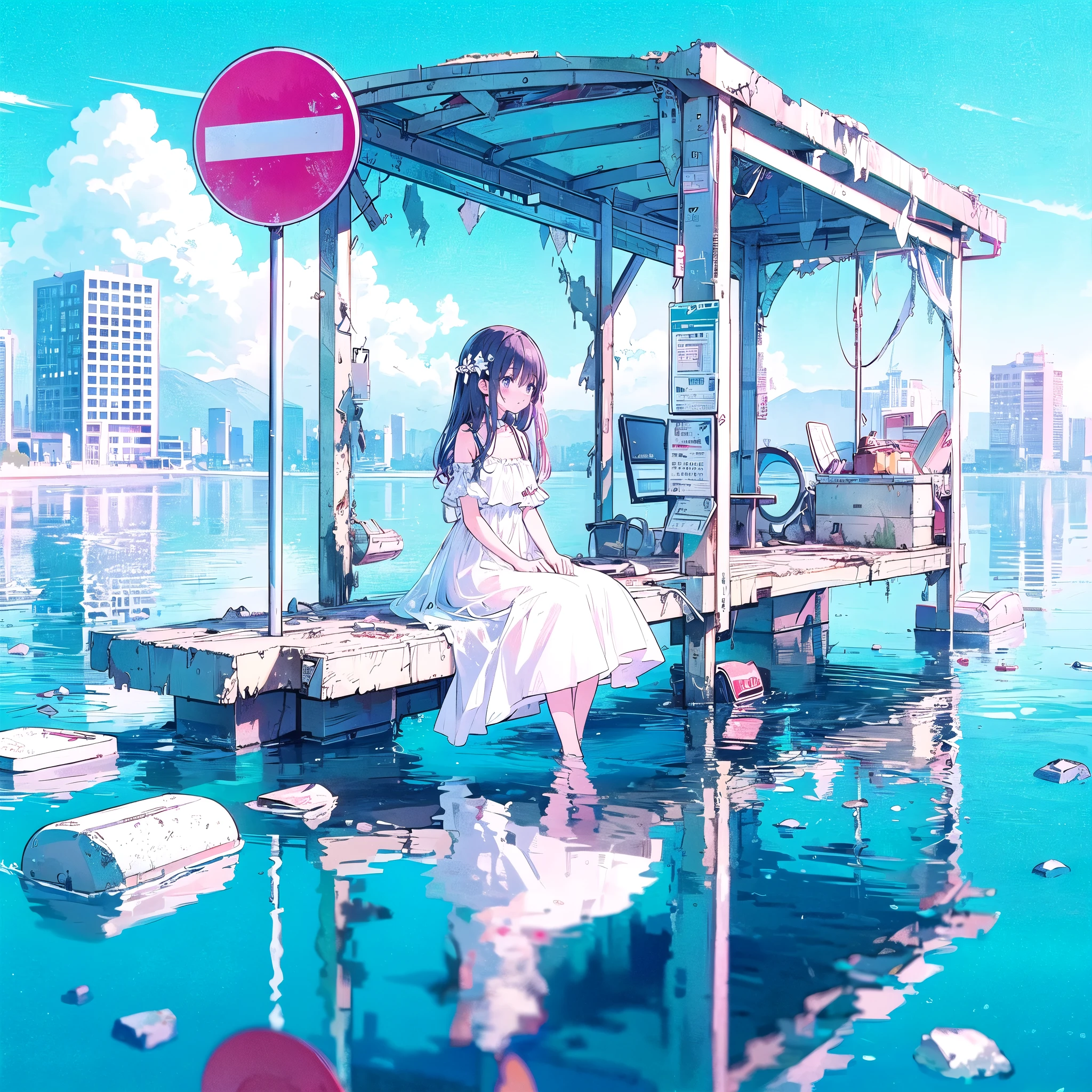 masterpiece, best quality, high resolution, extremely detailed CG, Post-apocalyptic, a girl in a white dress on a broken white platform on the sea,  a deserted bus stop on the platform, a few pieces of concrete scattered in the water, blue sky, fresh, simple, pastel colors