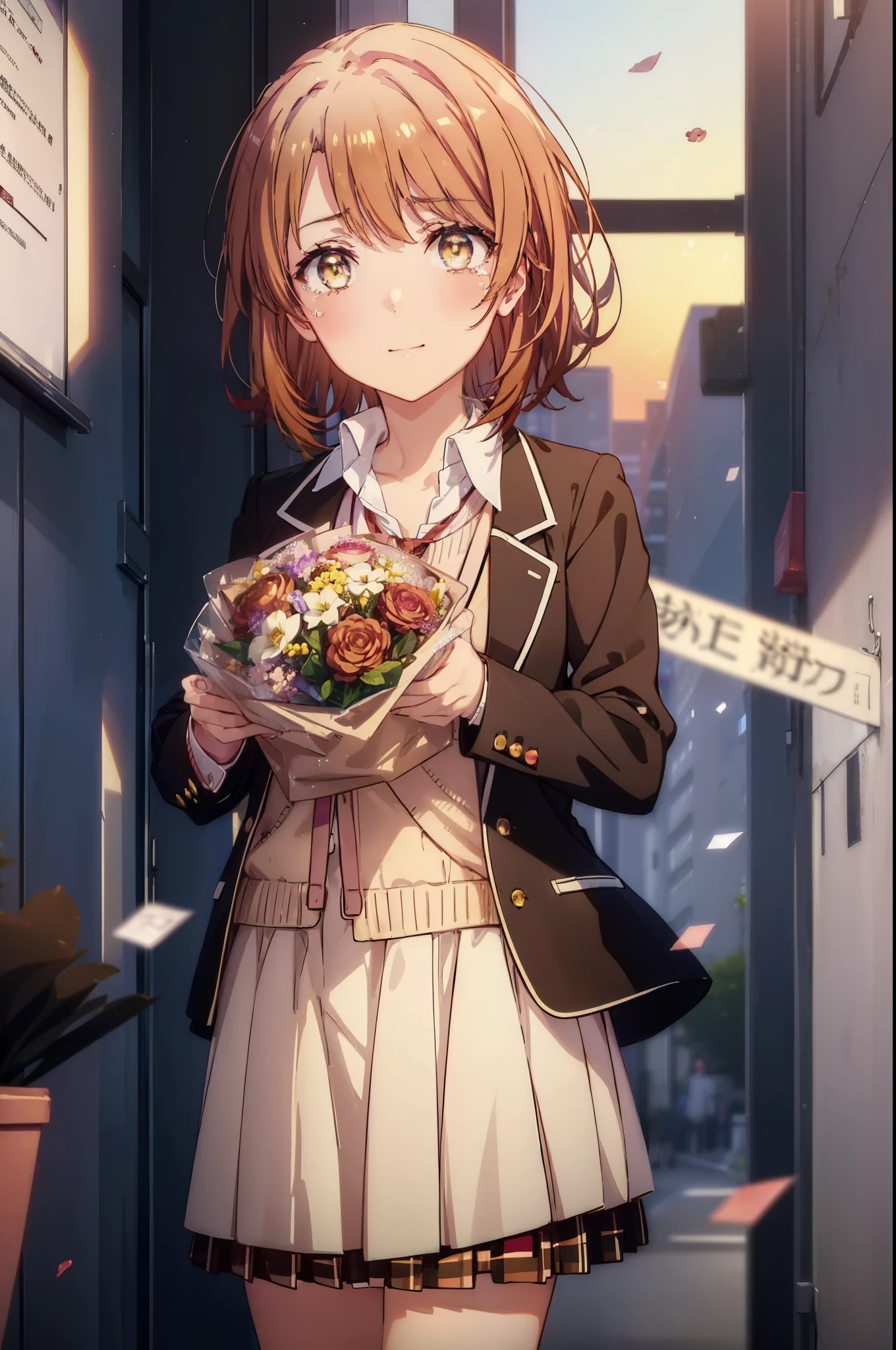 irohaisshiki, Isshiki Iroha, short hair, brown hair, (Brown ruby eyes:1.5), smile,blush,Tears running down her face,Tears of joy、I cry a lot、break skirt, shirt, ribbon, , Jacket, white shirt, open clothes, socks, open Jacket, black Jacket, plaid, knee high, plaid skirt, blazer, cardigan, black socks, pink cardigan,Holding a large bouquet in both hands ,birthday,A birthday cake is on the table,confetti,evening,sunset,The sun is setting,
break indoors,School　classroom ,
break looking at viewer,Upper body,(cowboy shot:1. 3)
break (masterpiece:1.2), highest quality, High resolution, unity 8k wallpaper, (shape:0.8), (beautiful and detailed eyes:1.6), highly detailed face, perfect lighting, Very detailed CG, (perfect hands, perfect anatomy),