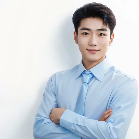 young japanese man wearing white shirt and dark blue tie smiling.the corners of the mouth are elongated and slightly raised.teet...